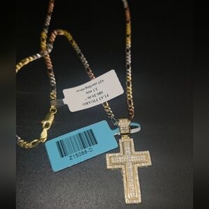 ✨ Moissanite Cross Pendant w/ Tri-Color Figaro Chain – 925 Sterling Silver ✨